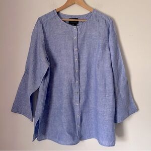 Tahari 100% Linen Blue Round Neck Button Up Shirt Contemporary Preppy Coastal